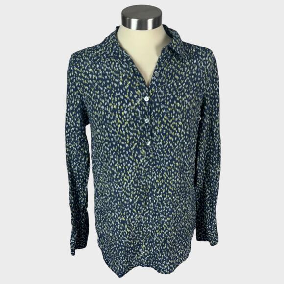 Ann Taylor Silk Cotton Button Front Small Blouse Black Print - Picture 1 of 7